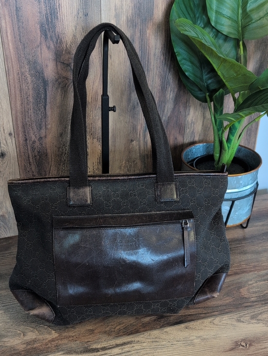 Gucci Handbags - Gucci GG Canvas Monogram Shoulder Distressed Leather Trim Tote Bag 34339
